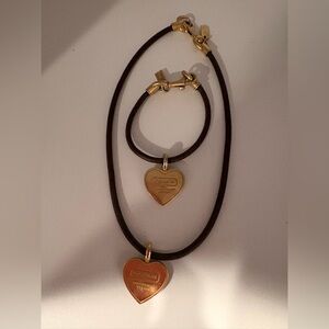 Vintage Coach Gold Heart Necklace and Bracelet Set with Brown Leather Straps